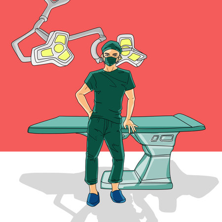 Surgeon in operation room. illustration in cartoon style on a red background.の写真素材