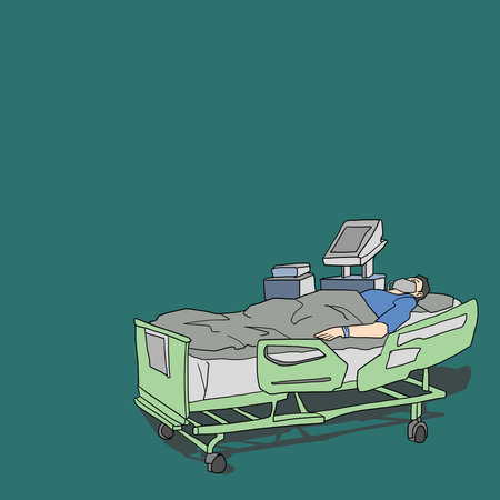 Hospital bed with sick man lying on it.の写真素材