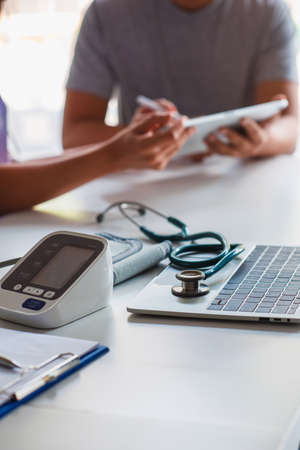 doctor women give advice to patients about blood pressure.,Cardiology in medicine and health care conceptの写真素材