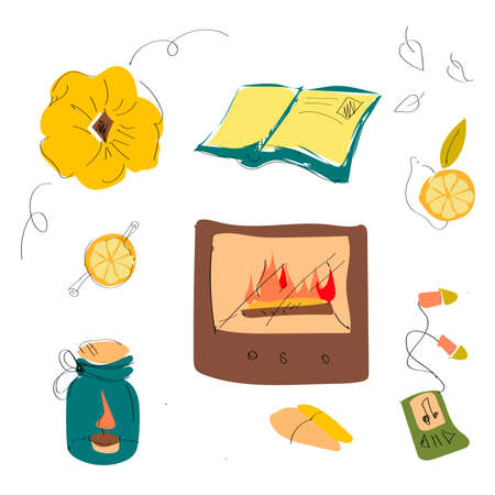 Set of cute autumn cartoon plants and food. Fall season. Collection of scrapbook elements for party, harvest festival or Thanksgiving day.の写真素材