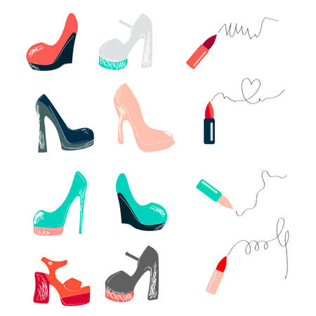 Big vector fashion sketch set. Hand drawn graphic lips, eye, heels, lipstick. Contrasty glamour fashion inky sketch Isolated elements on white backgroundのイラスト素材