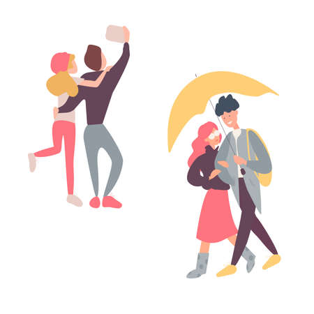 Happy romantic couples walking together or pairs of men and women on date. Flat cartoon characters isolated on white background. Vector illustration.のイラスト素材