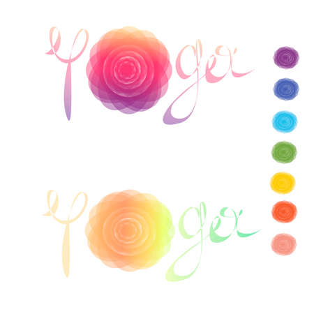 Vector illustration with symbol chakra on white background. Circle mandala pattern and hand drawn lettering. Colored.のイラスト素材