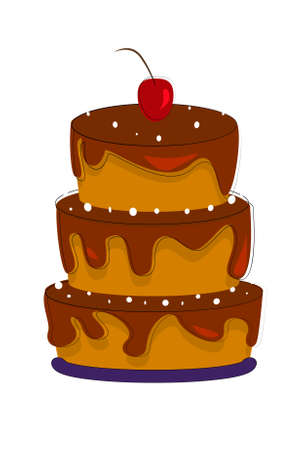 Chocolate cake with cherry . Chocolate cake icon isolated on a white background. Creamy chocolate cake with dark icing  illustrationの写真素材