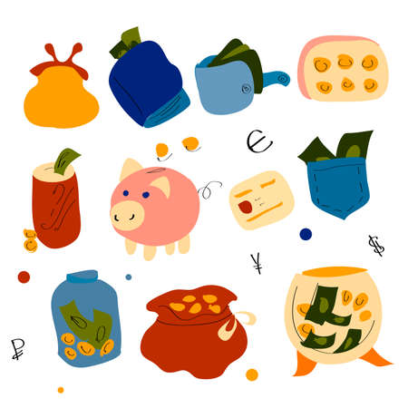 Cartoon colorful vector icons set for business, finance and security on light blue backgroundの写真素材