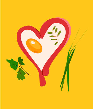 Vector I love eggs, healthy food concept. One fried sunny-side up egg with World Egg or Valentines Day or Easter holiday card.Fried egg in the shape of heart.のイラスト素材