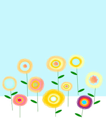 Fresh sky with flowers border, isolated over white, vector illustration.Spring colorful flowers growing illustration on blue background.のイラスト素材