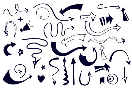 Doodle hand drawn vector arrows and elements. Set blue arrows on white background Stock vectorのイラスト素材