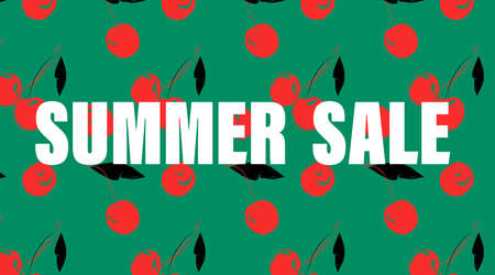 Summer sale banner, poster with hand drawn cherry. Green and red Vector illustration