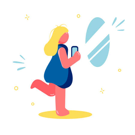 Funny selfie of blond woman with mirror.Young girl with smartphone taking selfie photo.Vector flat illustrationのイラスト素材