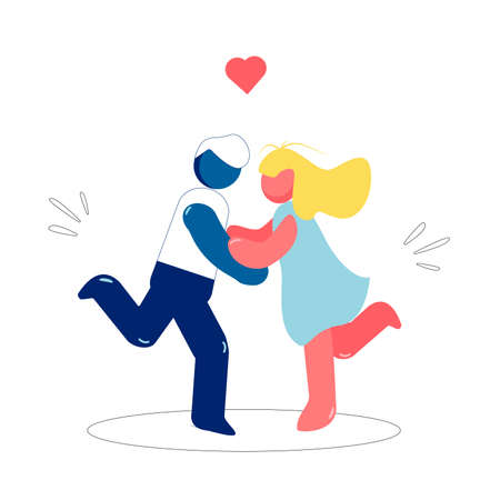 Vector flat loving couple illustration. Cartoon style. Dating young people hugging. Good for Valentine day card design.Romantic happy loving couple. Vector illustrationのイラスト素材