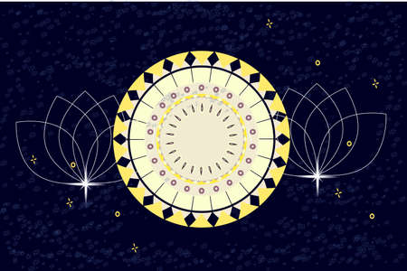 Mandala patterns on dark background illustration. Blue and yellow color Mandala flower decoration. Vector floral ornament. Tribal ethnic fashion motif for banner, flyer.のイラスト素材
