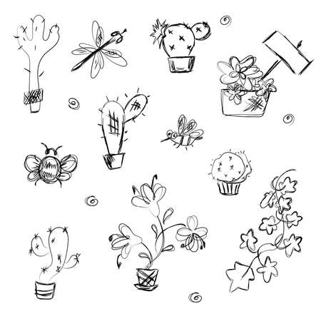 Vector set of black outline cute blooming cacti and house plants and flowers for interior decoration flat icons collection . Doodle ,hand drawn ,sketch vector illustration.のイラスト素材