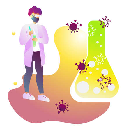 Stop coronavirus! Vector posters of doctor research coronavirus 2019-nCoV in laboratory.Cartoon man character fighting with virus. COVID-19 Novel Coronavirus.のイラスト素材