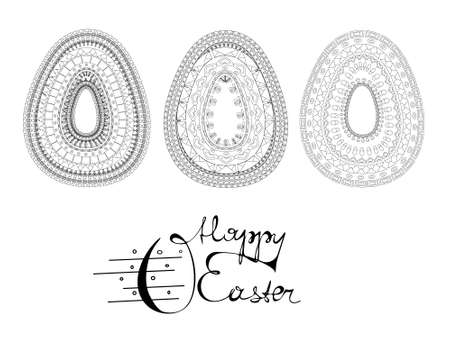 Antistress coloring pages freehand sketch drawing with doodle elements in black and white with Easter pictures for children . Lettering happy Easter, eggs Easter coloringのイラスト素材