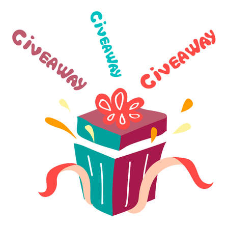 Giveaway winner poster. Surprise. Open Box Gift offer banner, giveaways post and winner reward in contest, prize in boxes with ribbons flyer design vector give away . Doodle hand drawn style vector.のイラスト素材