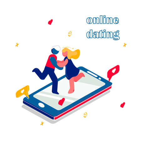 Online dating concept.Couple Having an Online Romance.Two teenagers were love on chat online. website app, Social media and relationships concept. 3D isometry vectorのイラスト素材