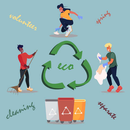 Ecology concept.Eco volunteers outdoors. People with rakes and bags collecting plastic garbage flat vector illustration. Recycling, waste sorting, ecology concept for banner, website design or landingのイラスト素材