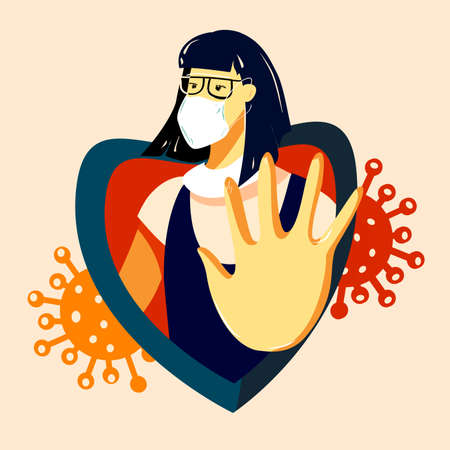 Woman in medical face mask make sign Stop Panic.Stop COVID-19 coronavirus outbreak vector illustration. COVID-19 design concept background. Virus pathogens.Vectorのイラスト素材