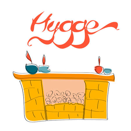 Vector Hygge lettering. Text with fireplace with candles doodle in Scandinavian style. vector stock.のイラスト素材