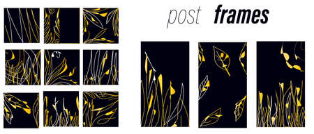 Gold, black, white marble template, artistic covers design, colorful texture. Social Network Stories Background Template Set.Vector Mock up, Story Collection with Gold Leaves.のイラスト素材