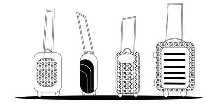 Set of black travel bags . Four travel suitcases isolated on the white background. Vector illustration.のイラスト素材
