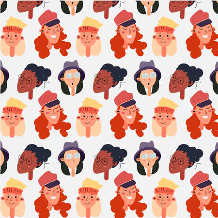 Female different faces of different ethnic pattern. Womens faces pattern different nationalities in cartoon style .のイラスト素材