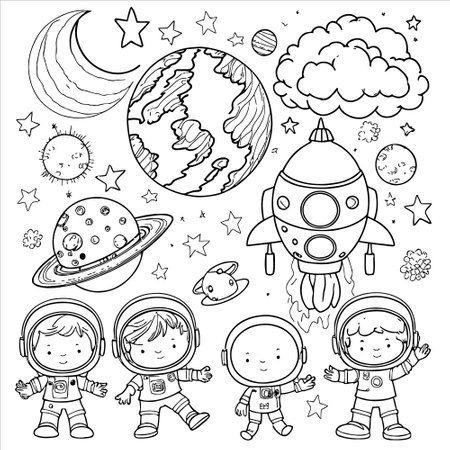 Coloring book for children: astronaut, rocket, moon, stars, planets. Vector illustration.のイラスト素材