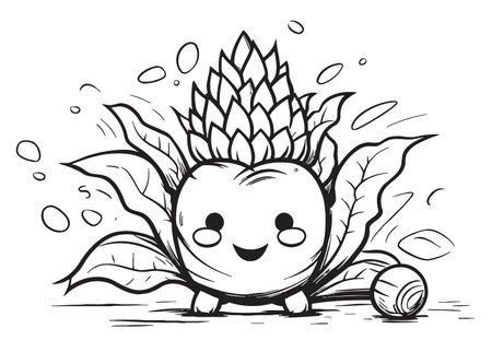 Cute pineapple with leaves. Vector illustration in black and white.のイラスト素材