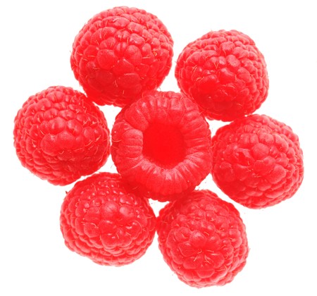 Seven fresh raspberry isolated on white background