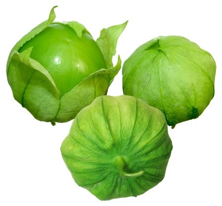 Three tomato tomatillos fruits isolated on white backgroundの写真素材