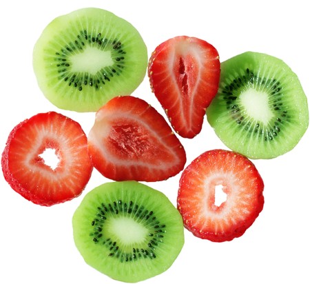 Fresh green kiwi and red strawberry slices の写真素材