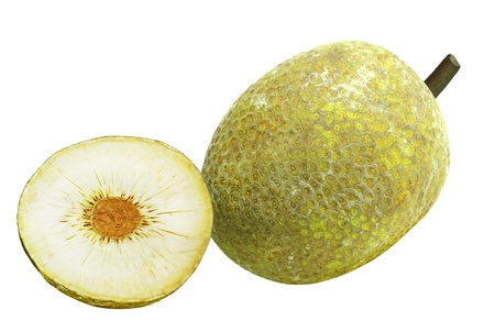 One and a half breadfruit isolated on whiteの写真素材