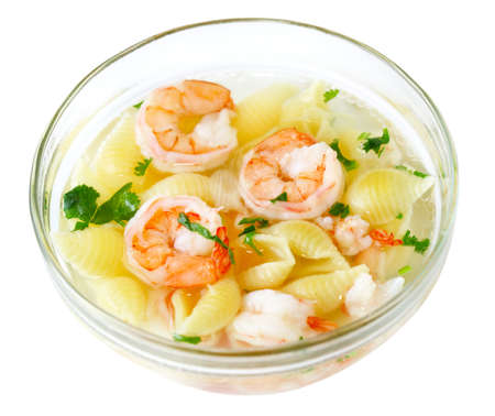 Macaroni with shrimp soup isolated on whiteの写真素材