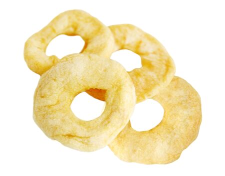 Dried apple slices isolated on white backgroundの写真素材