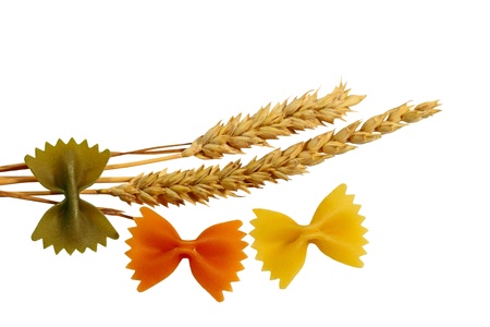 Farfalle pasta and Wheat isolated on white backgroundの写真素材