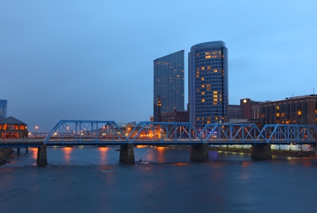 Grand Rapids cityscape by twilight night in Michigan の写真素材