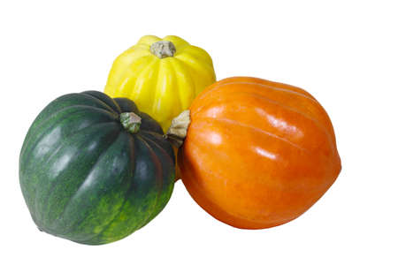 Orange, yellow, green pumpkin gourds isolated on white background
