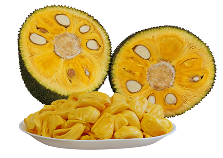 Ripe jackfruit (Artocarpus Heterophyllus) isolated on white backgroundの写真素材