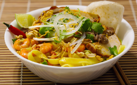 Homemade Rice Fettuccine noodle with prawn and pork Mi Quang Vietnamese Cuisine