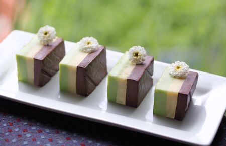 Banh Ba Lai Vietnamese three layers cakes Coca, Mungbean and Pandanの写真素材