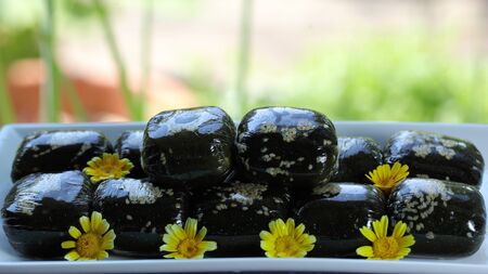 Steamed Ramie Rice Cakes fillings with mungbean, coconut flake and gingerの写真素材