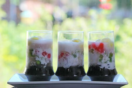 Vietnamese refreshment with five color dessert, black bean, yellow mungbean, red, green tapioca and white coconut milkの写真素材