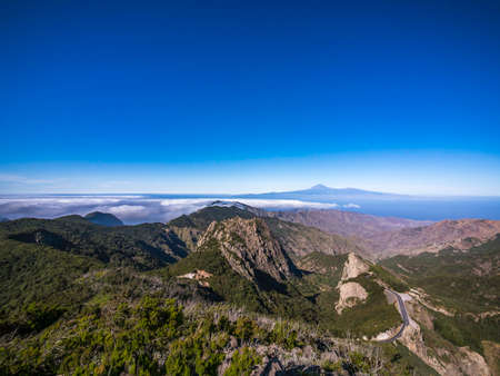 Beautiful panoramic scenery of the mountains in Garajonay National Park in La Gomera Canary Islands Spainの写真素材