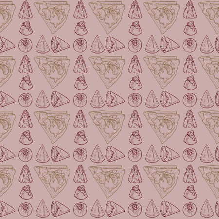 Vector graphic monochrome pattern with French crepe, cuberdon. National European, French cuisine Contour Collection. Image for textiles, scrapbooking, restaurantのイラスト素材