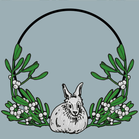 Ornamental colored frame with mistletoe and rabbit. Vector graphic image for holiday invitations, scrapbooking, packagingのイラスト素材