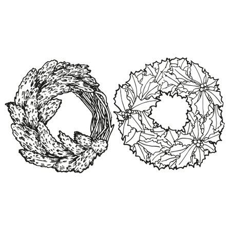 The contour base of the festive Christmas wreath of coniferous twigs and sharp leaves. Vector graphics for packaging, scrapbooking, invitations.のイラスト素材