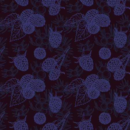 Vector graphic monochrome dark pattern with blue blackberry. Berry collection for food and medicine. Image for textiles, scrapbooking, restaurantのイラスト素材