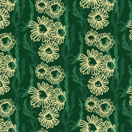 Vector graphic monochrome pattern with chamomile and rosemary. Spring, Summer Beverage Collection. Image for textiles, scrapbooking, restaurantのイラスト素材