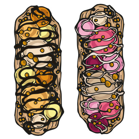 Vector graphic full-color set with eclairs with orange and berry filling. Special template for birthday and children's holidays. Collection for festive designer packaging, textilesのイラスト素材